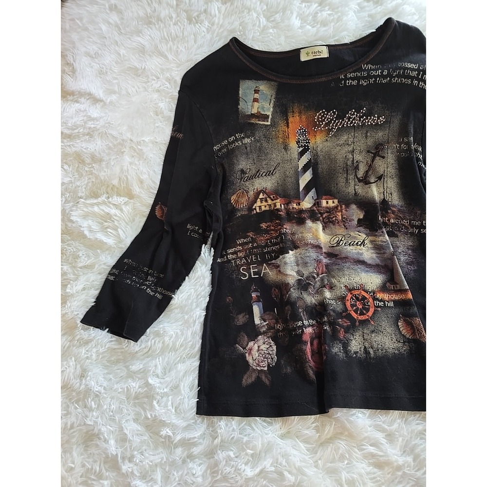 VTG Cactus Lighthouse on the Hillside Y2K‎ Studded Top Shirt Ladies Sz M USA - Picture 2 of 13
